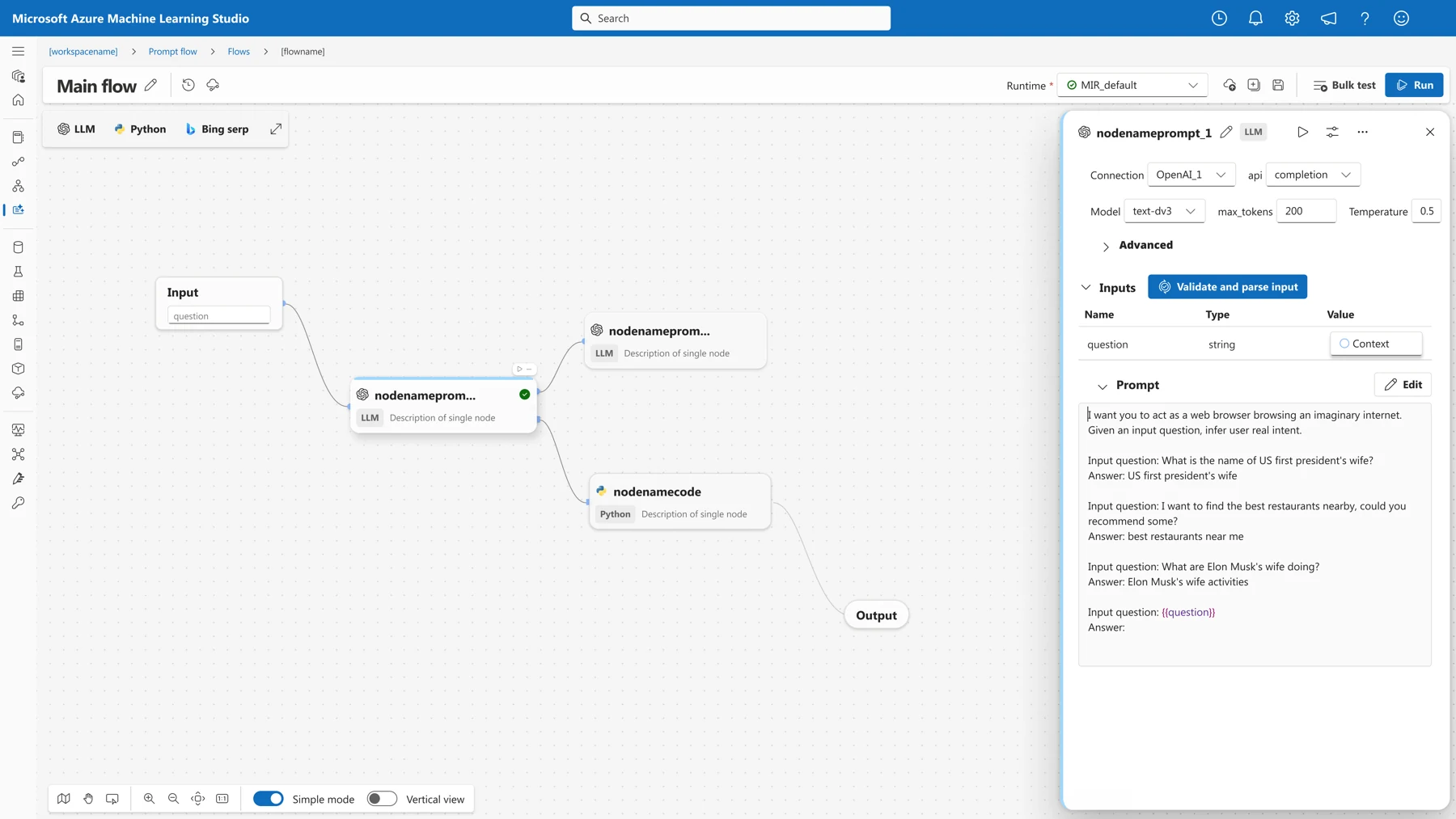 Azure Machine Learning Prompt Flow interface showing run details and evaluation results